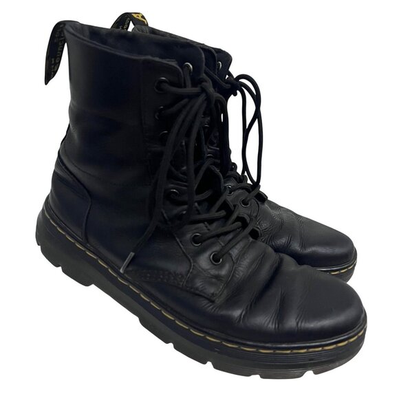 Dr. Martens Black Leather Combat Boots Shoes Mens US 9 Lace Up Rubber Soles Logo